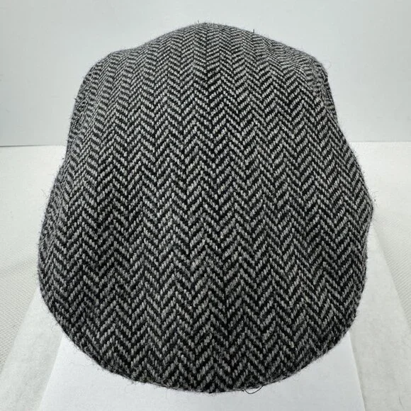 Chaps Mens Herringbone Flat Cap Newsboy Hat Wool Polyester Black Gray S/M - Picture 5 of 8